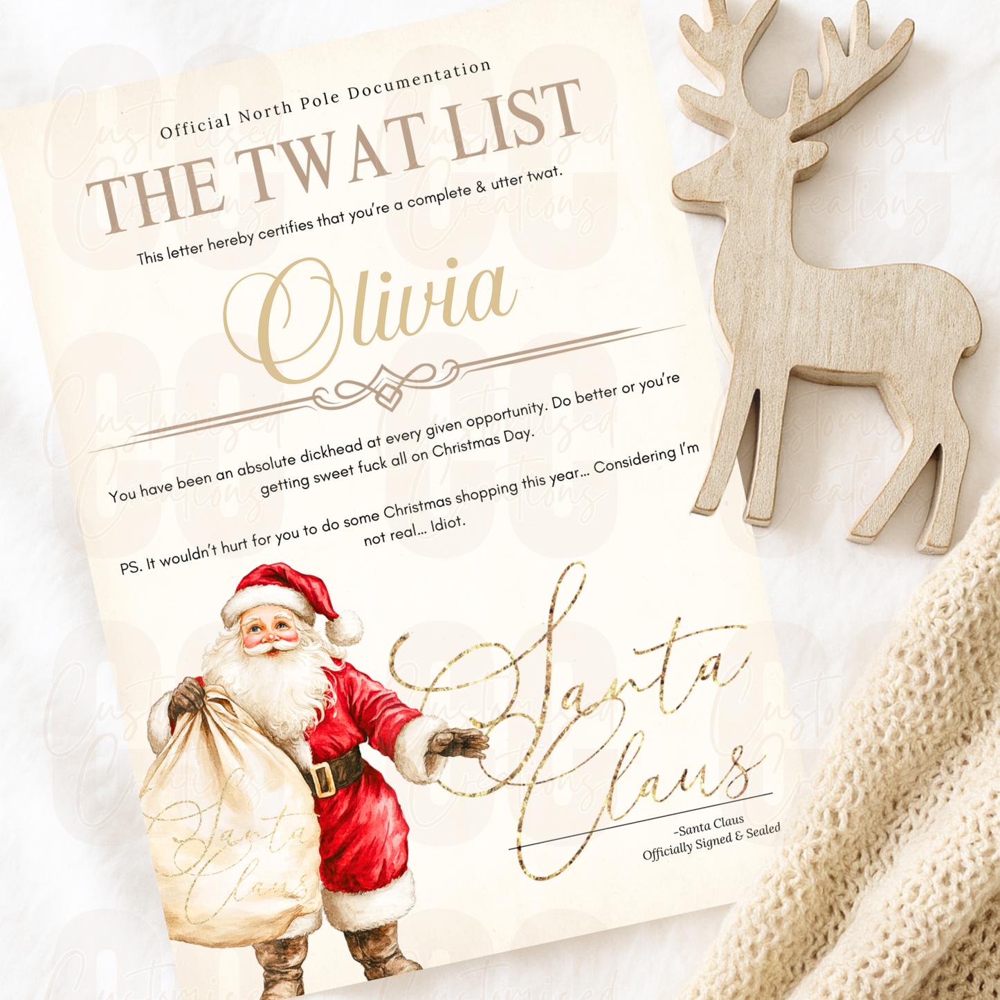 Personalised Christmas t*at list certificate - Santa's sack