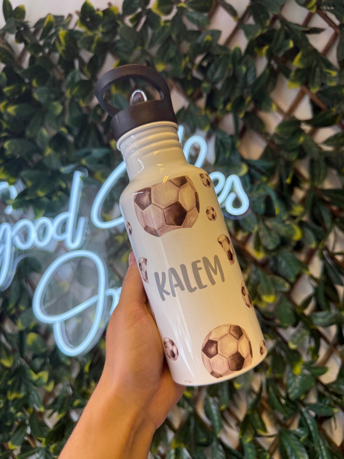 Stainless steel flip straw water bottle - football