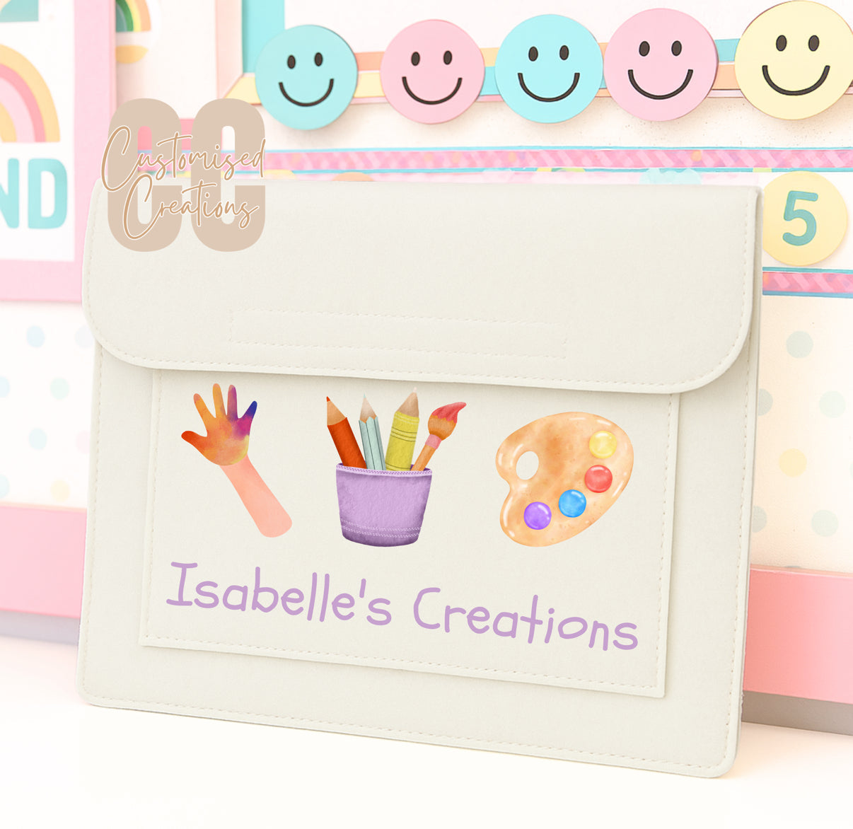 Cream children's drawings felt folder - all designs