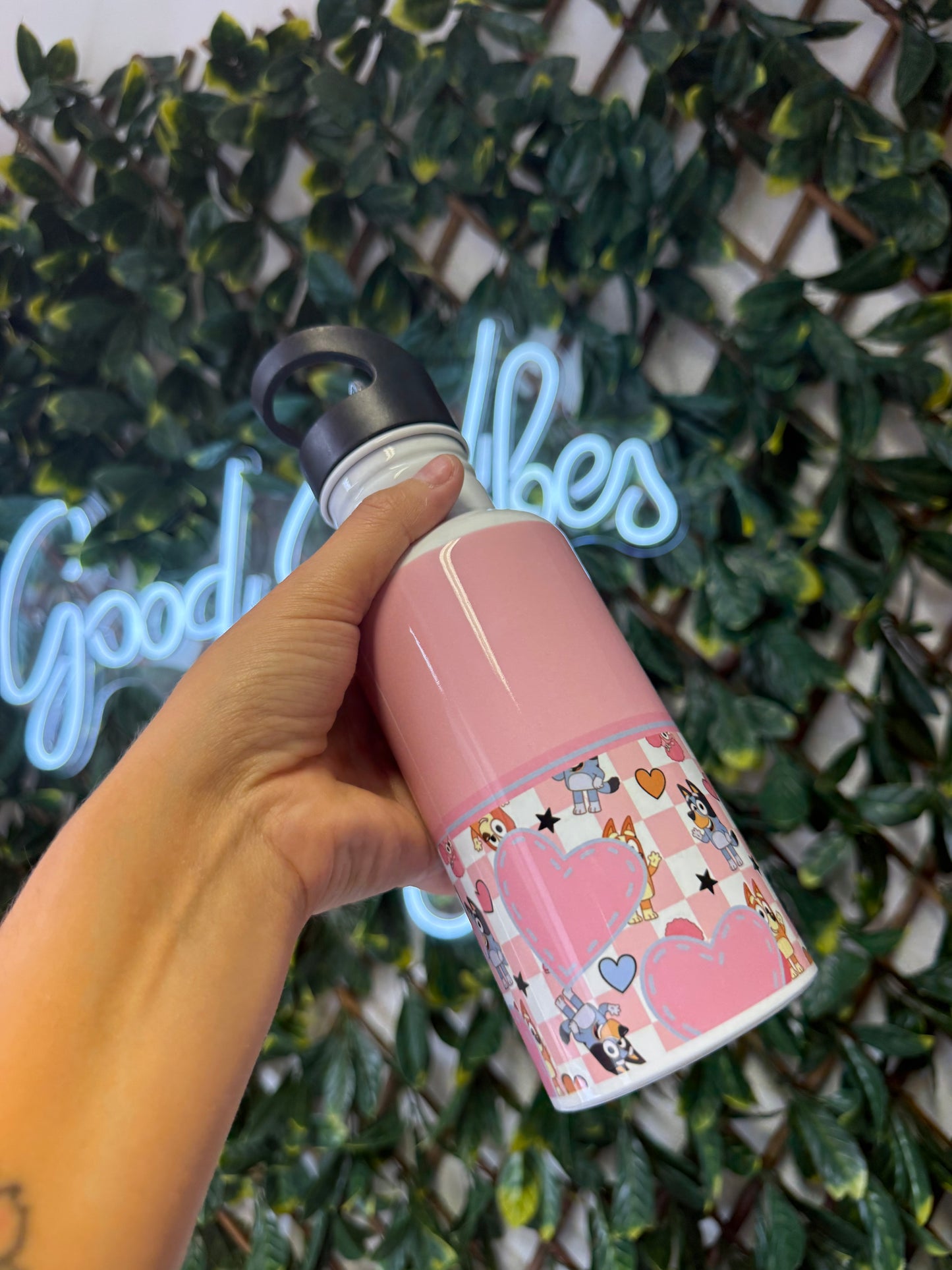 Stainless steel flip straw water bottle - pink Bluey