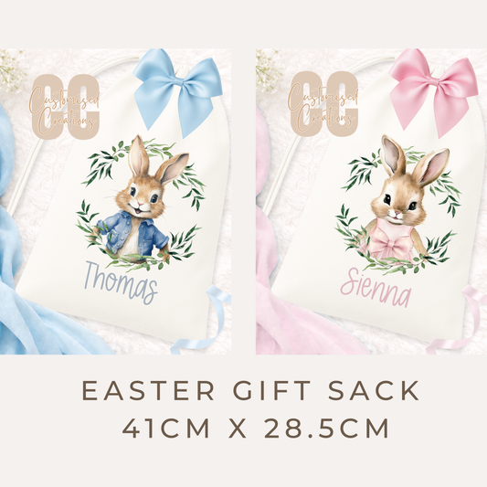 Personalised Easter Gift Sack – Rabbit Wreath Design