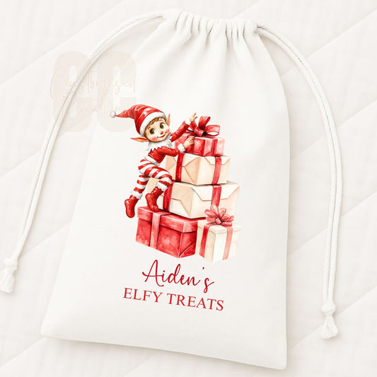 Elf with presents Christmas drawstring gift bag