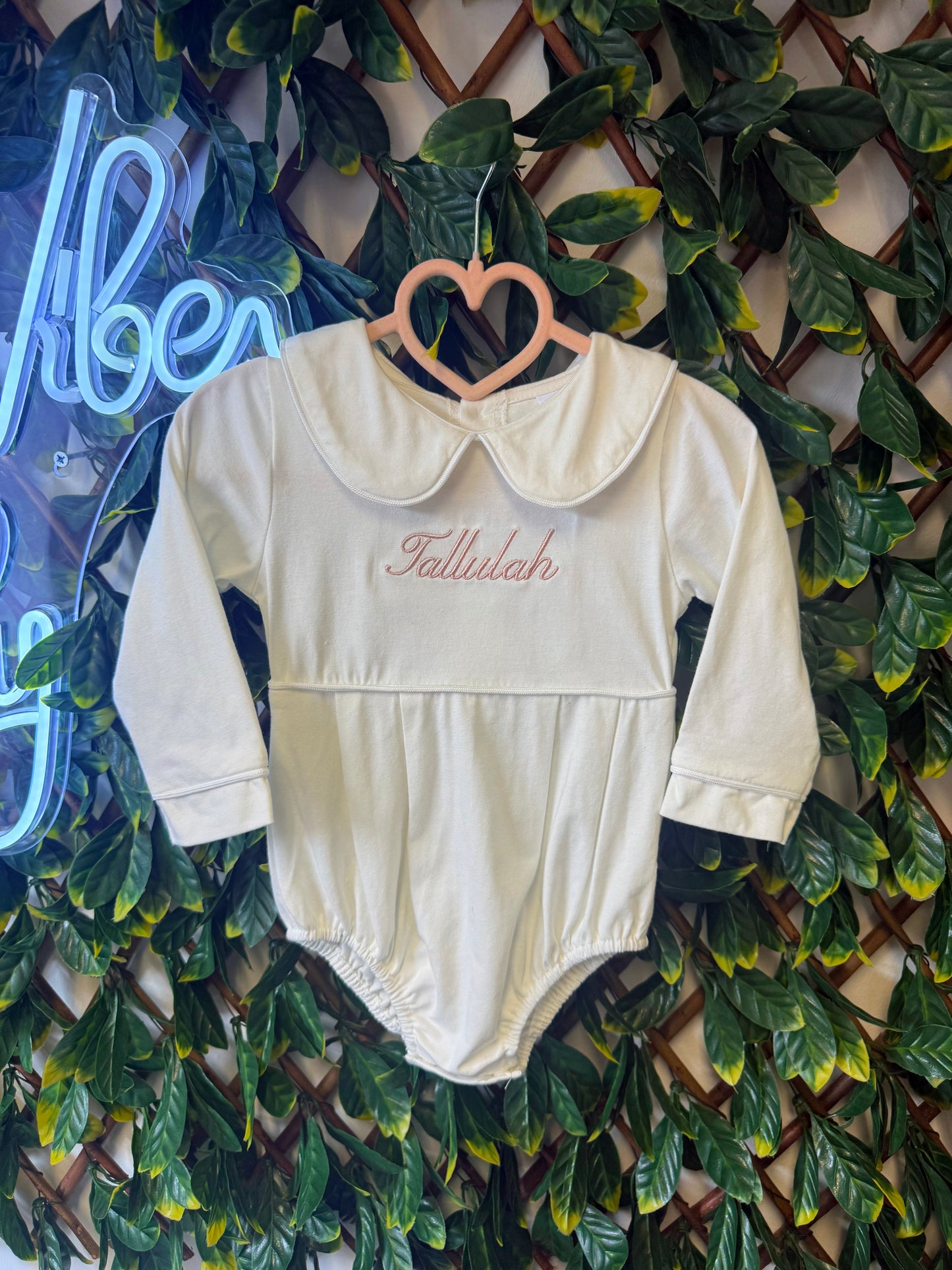 Embroidered Long sleeved collared romper - pink, blue or white