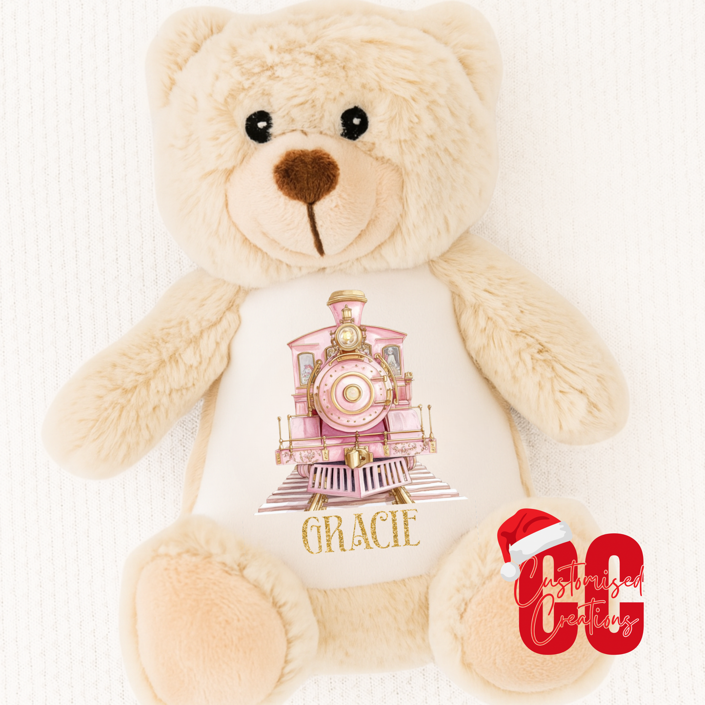 Christmas pink train reindeer teddy
