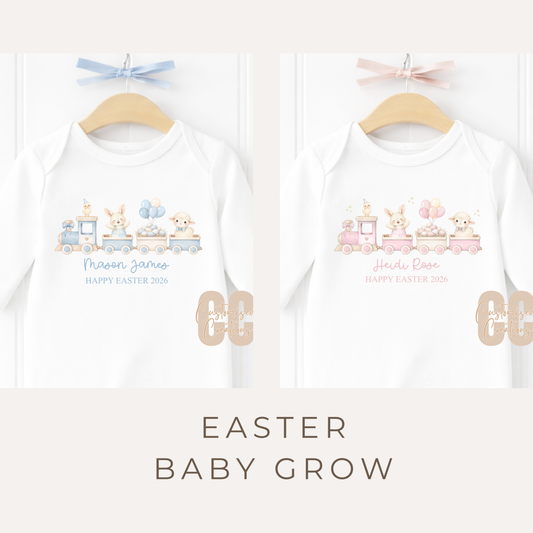 Personalised White Baby Grow – Easter Train Animal Design (Pink or Blue)