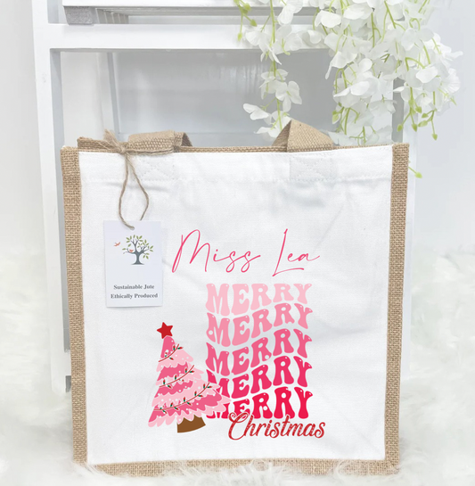 pink christmas teacher jute bag