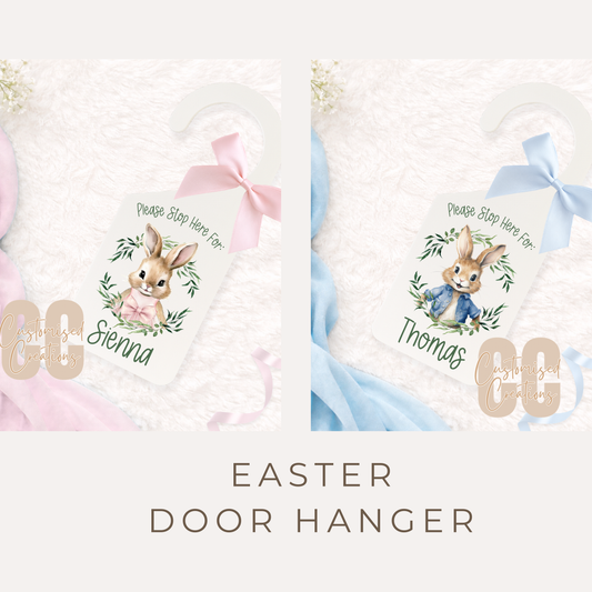 Personalised Easter Bunny Please Stop Here Door Hanger – Pink or Blue Bunny Wreath