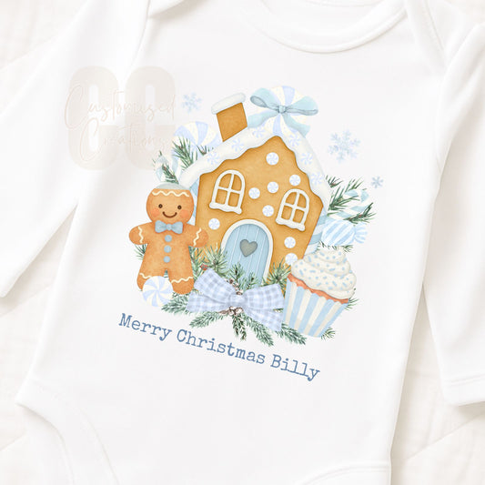 Blue christmas gingerbread bib/vest/babygrow