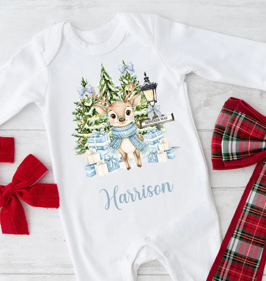 Blue deer Christmas babygrow