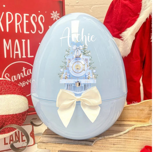 Xl blue Christmas egg - train