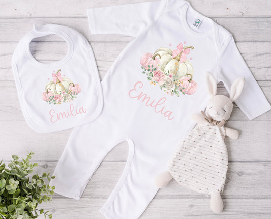 Pink pumpkin babygrow and bib set