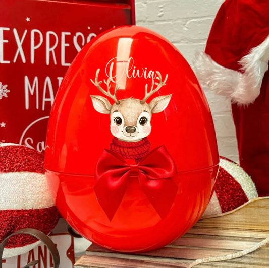 Xl red Christmas egg -  reindeer