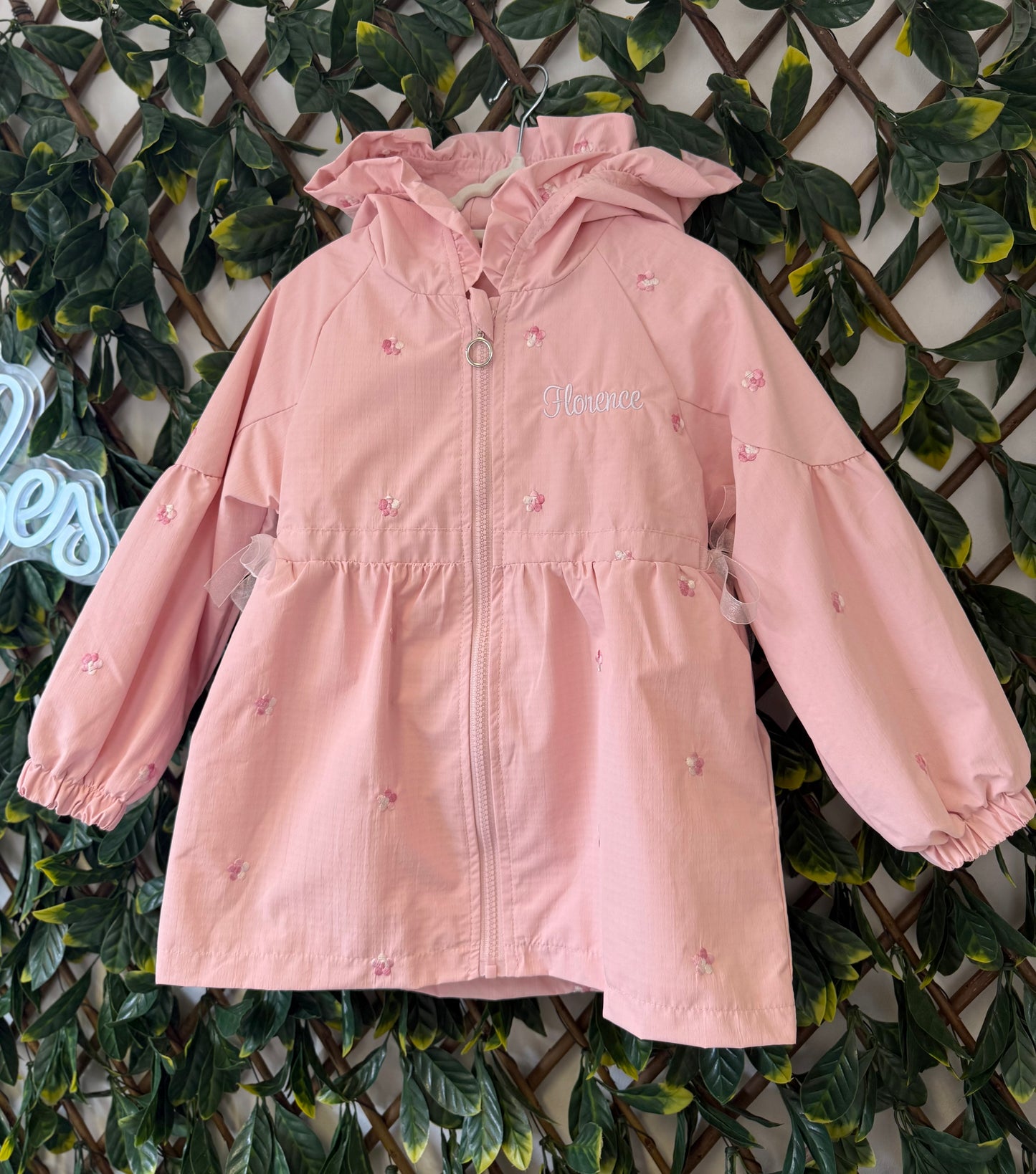Girls embroidered waterproof trench rain jacket