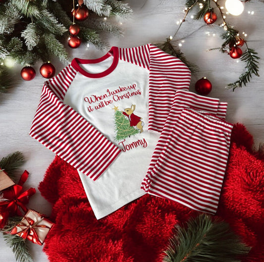 Embroidered red and white stripe Christmas Peter rabbit pyjamas