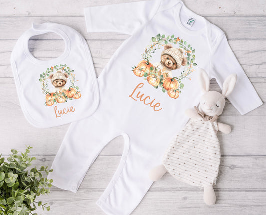 Autumn bear pumpkin patch babygrow and bib set