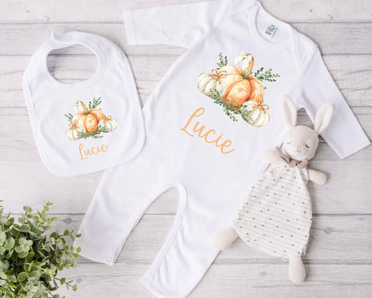 Orange pumpkin patch babygrow and bib set