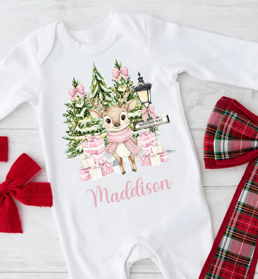 Pink deer Christmas babygrow
