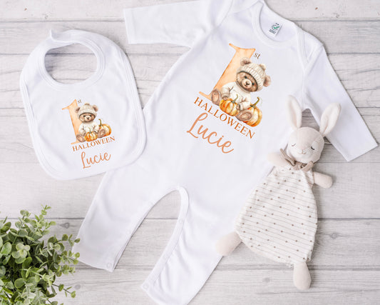 1st halloween bear leaf pumpkin patch babygrow and bib set