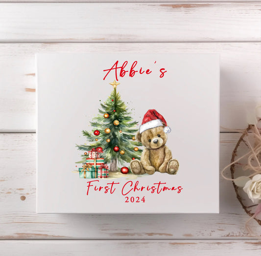 Personalised Bear With Christmas Hat & Tree Christmas Magnetic Box