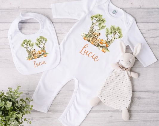 Cute bear pumpkin patch babygrow and bib set