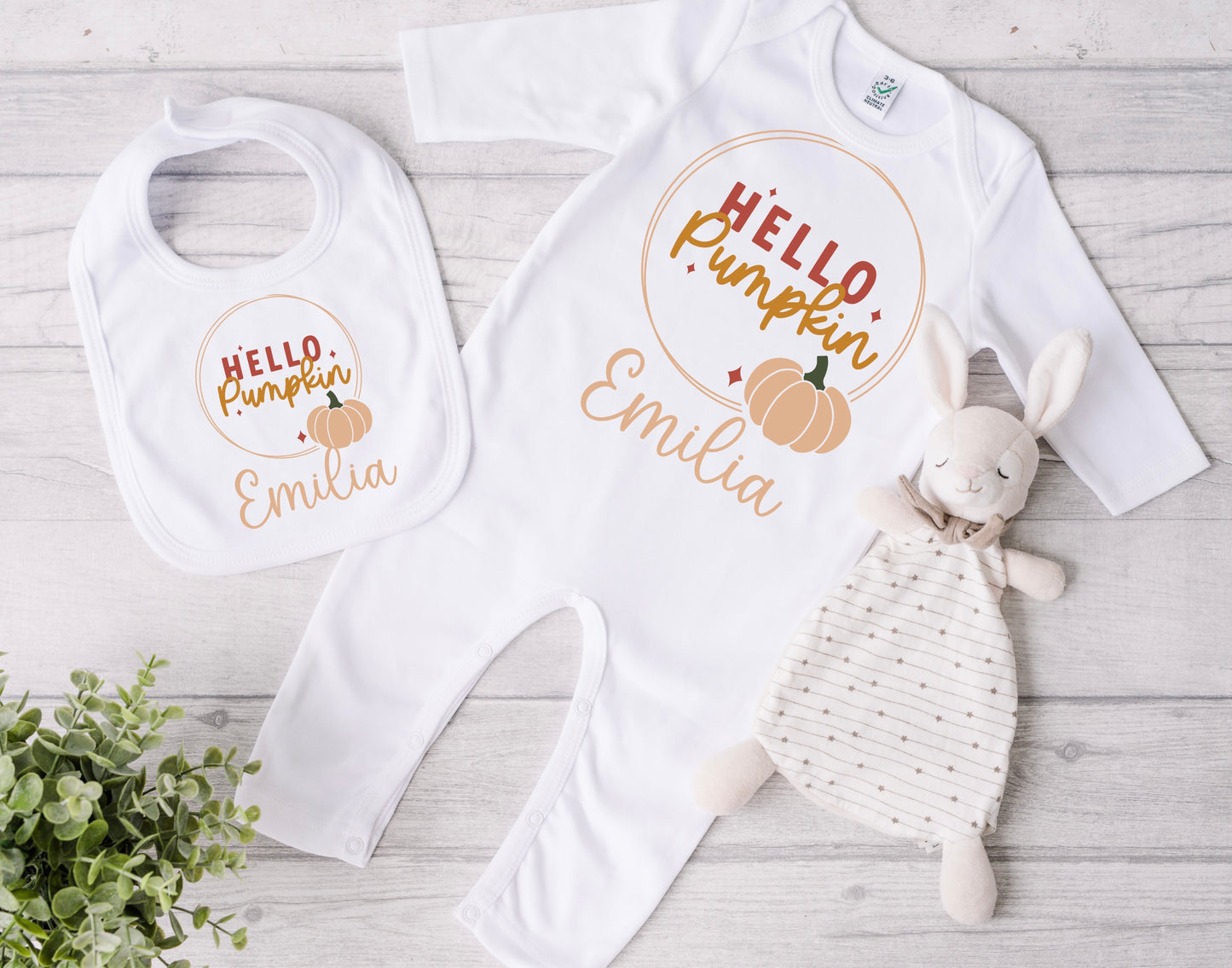 Hello pumpkin babygrow and bib set