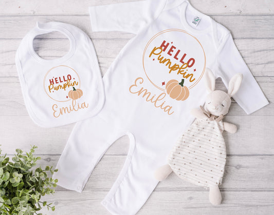 Hello pumpkin babygrow and bib set