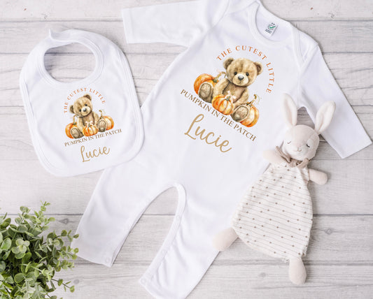Bear pumpkin patch babygrow and bib set