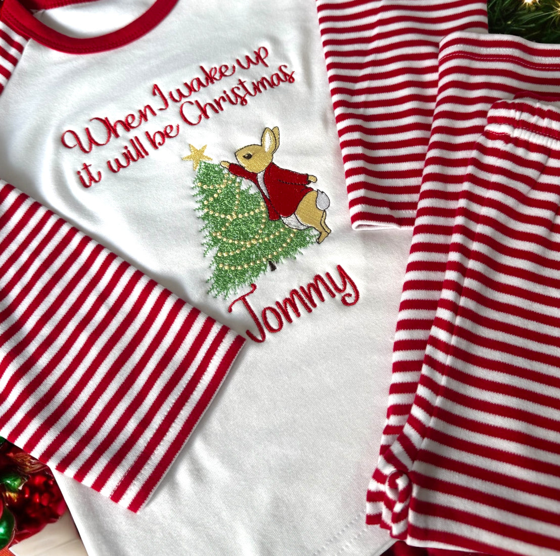 Embroidered red and white stripe Christmas Peter rabbit pyjamas