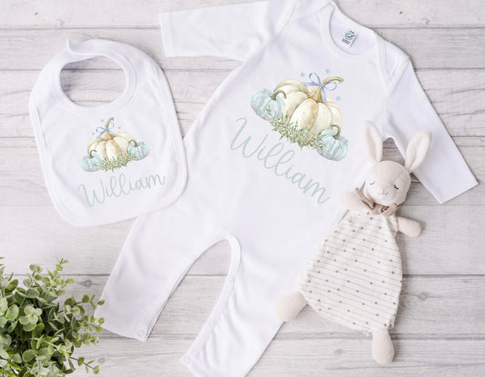 Blue pumpkin babygrow and bib set