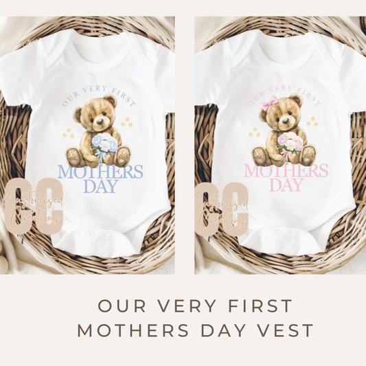 Mothers Day Baby Vest | Blue or Pink Bear - Our First Mothers Day