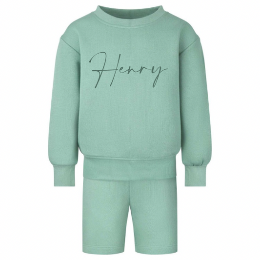 Embroidered oversized sweatshirt and short set Green