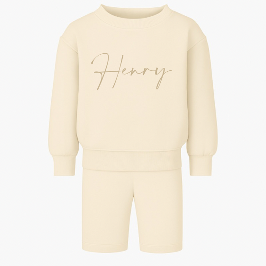 Embroidered oversized sweatshirt and short set Oat