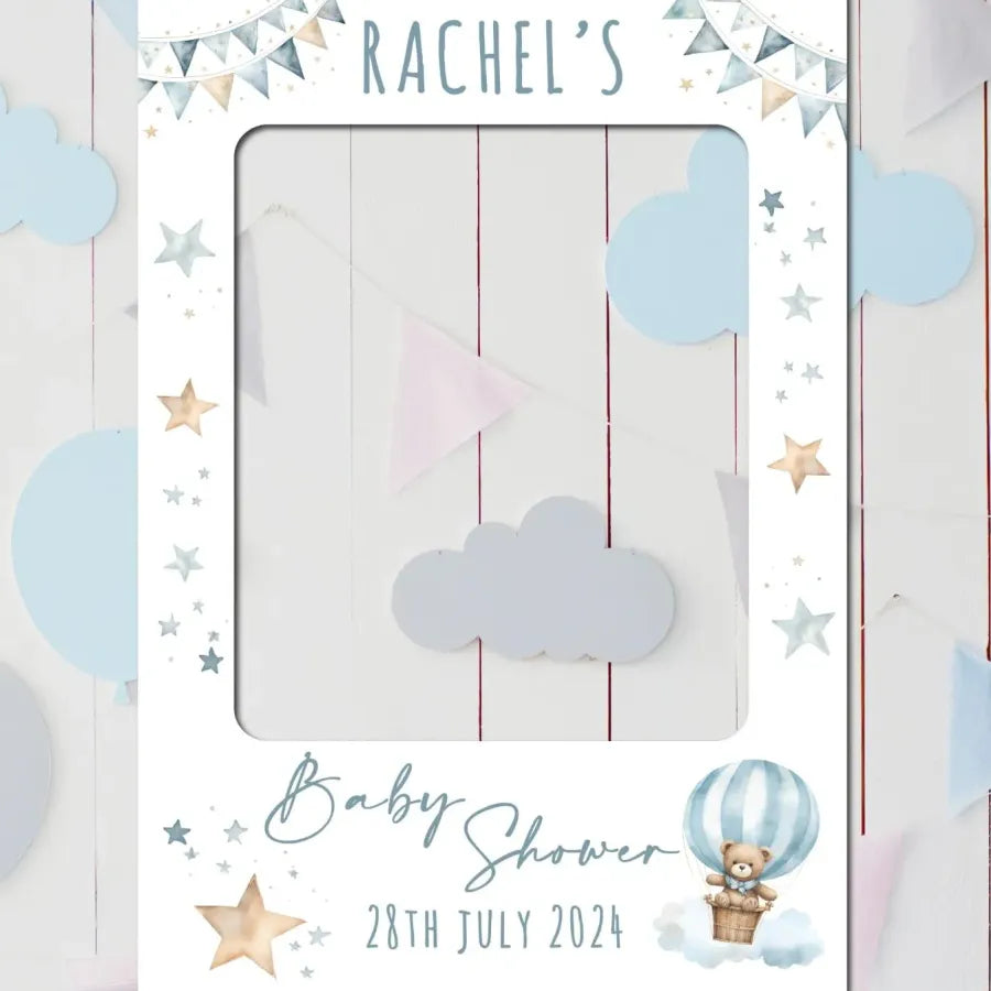 Bear In Hot Air Balloon baby shower selfie prop - blue, green, neutral, pink