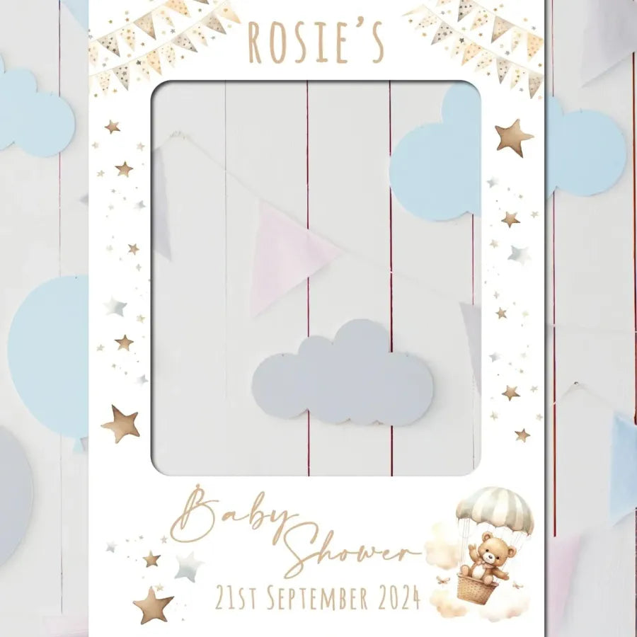 Bear In Hot Air Balloon baby shower selfie prop - blue, green, neutral, pink