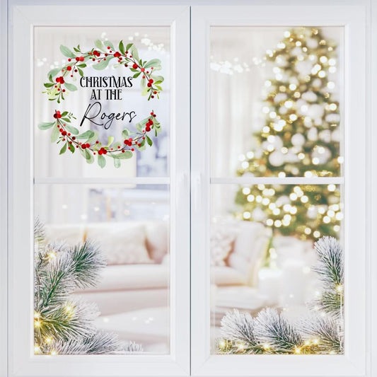 Christmas at the ... red floral wreath window film decal