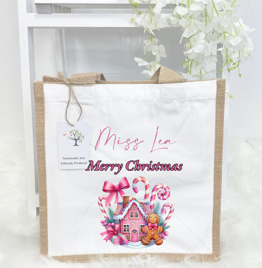 Merry Christmas pink teacher jute bag