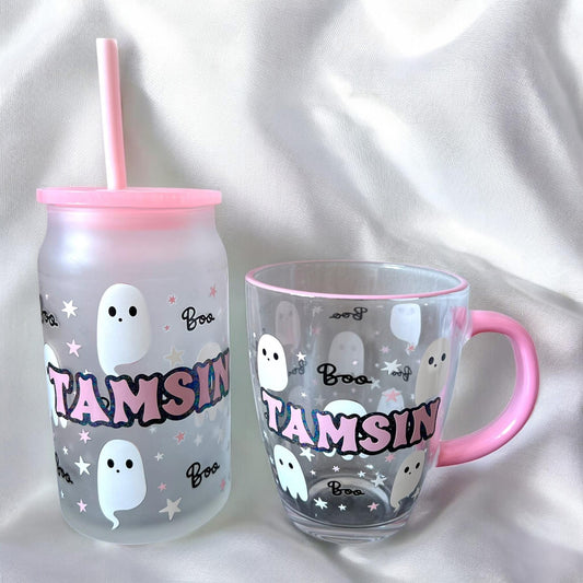 Halloween glass can and/or mug - purple, pink or black