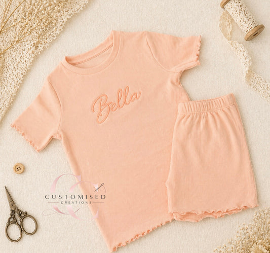 Embroidered girls tshirt and shorts rib set - all colours