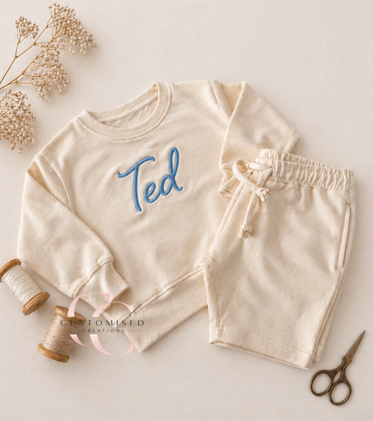 Embroidered oversized sweatshirt and short set Oat