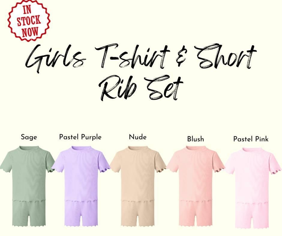 Embroidered girls tshirt and shorts rib set - all colours