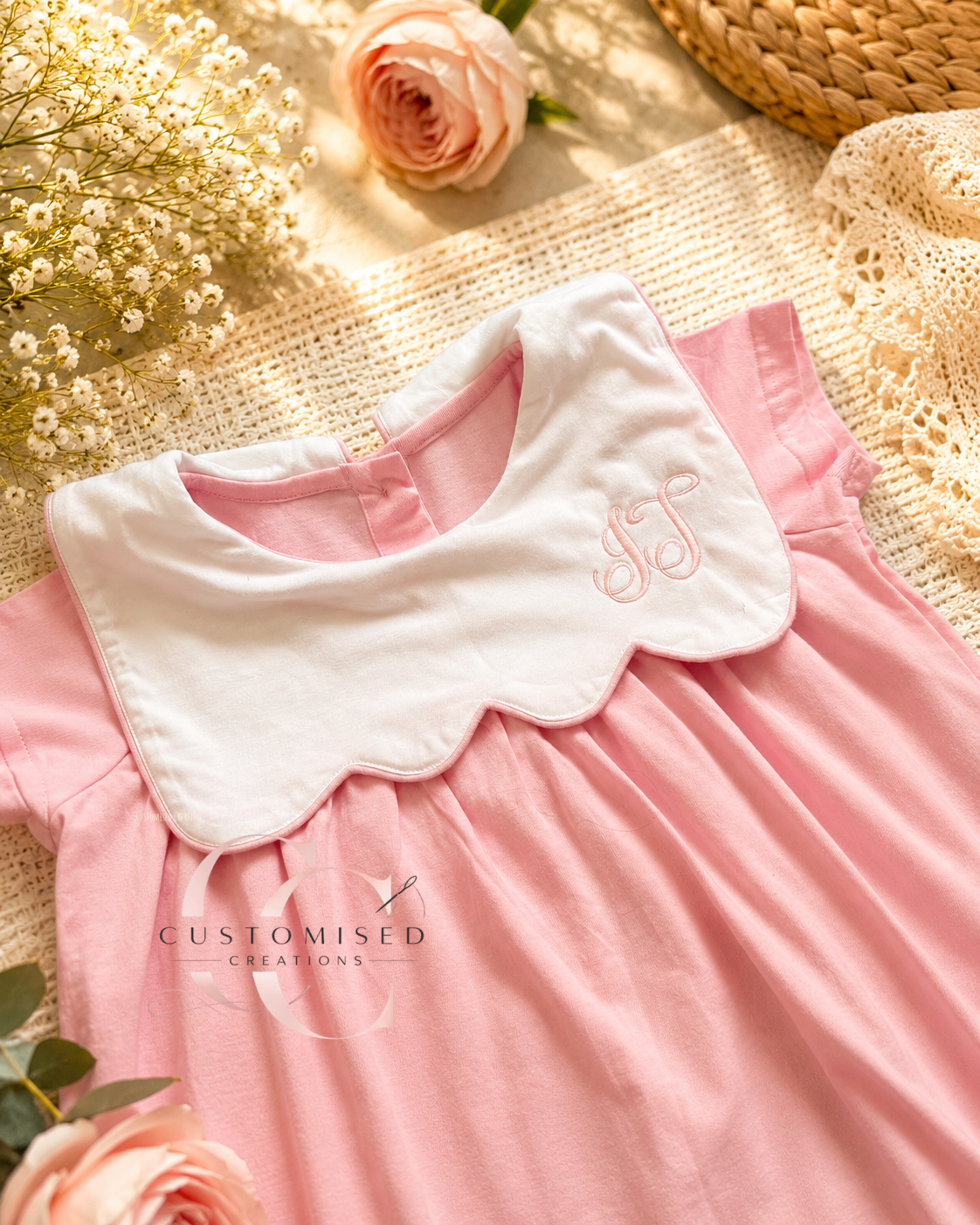 Embroidered girls bib initial dress
