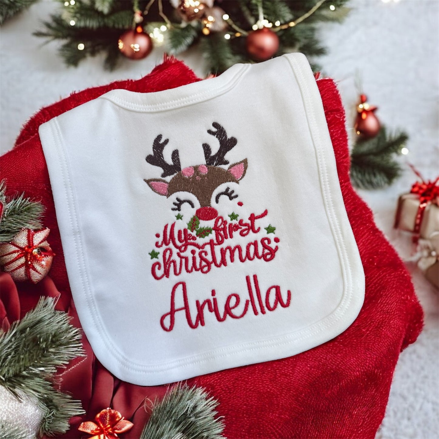 My first Christmas reindeer embroidered bib