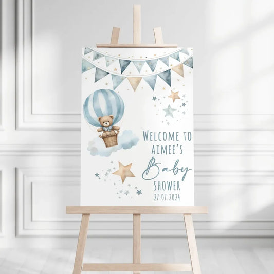 Bear In Hot Air Balloon Baby Shower Welcome Board - Blue