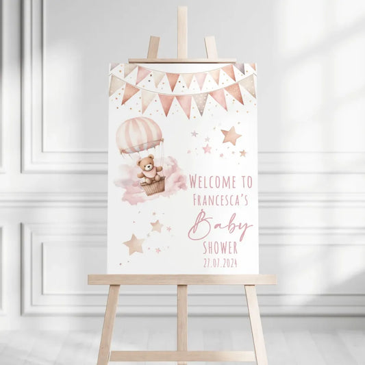 Bear In Hot Air Balloon Baby Shower Welcome Board - Pink