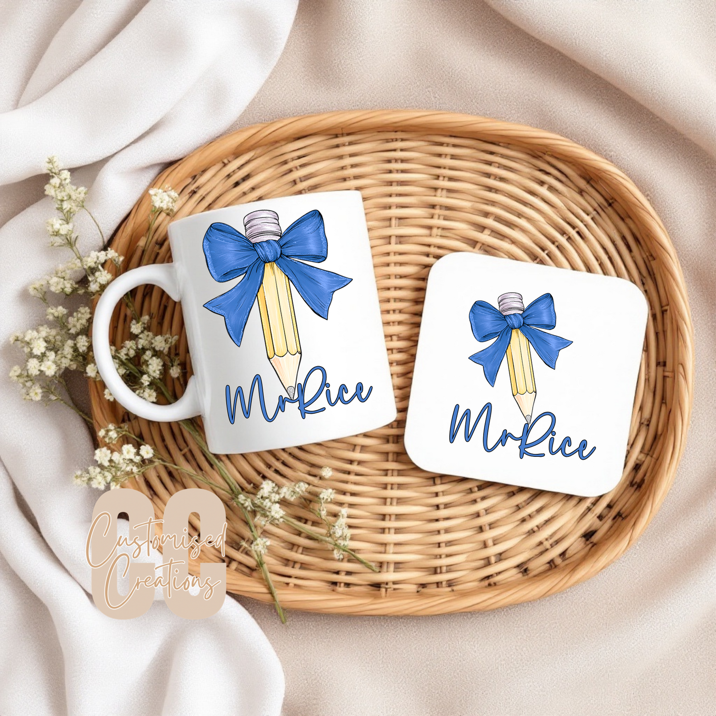 Teacher blue bow pencil mug and/or coaster