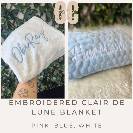 Personalised Embroidered Clair de Lune Baby Blanket – Pink, Blue or White