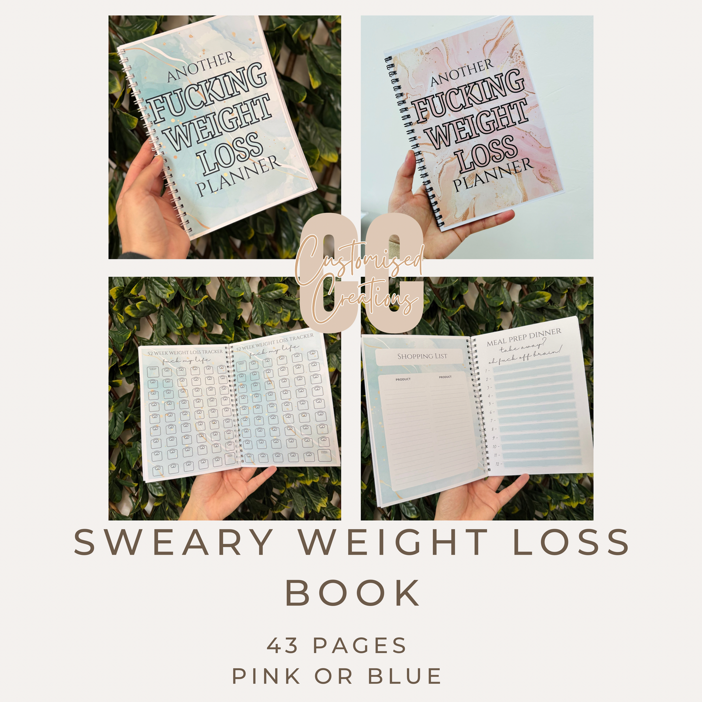 Sweary Weight Loss Book – Personalised Wire Bound Fitness & Diet Planner (Pink or Blue)