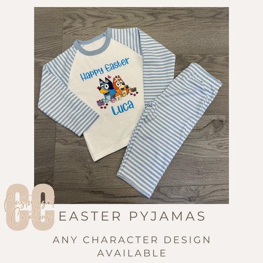 Blue or pink Stripe Easter Pyjamas for Children – Personalised | 6–12m to 9–10y