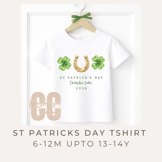 Personalised St Patrick’s Day 2026 T-Shirt | Horseshoe & Lucky Clover Design
