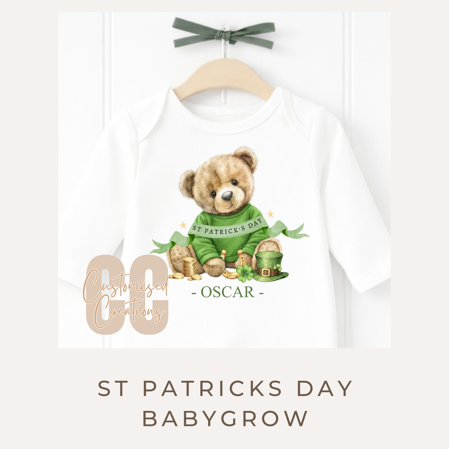 Personalised St Patrick’s Day Bear Boy Babygrow | Cute Lucky Bear Outfit